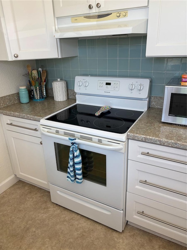 kitchen with white cabinetry, stainless steel microwave, white electric range oven, and under cabinet range hood