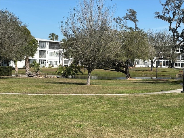 view of property's community with a water view and a yard