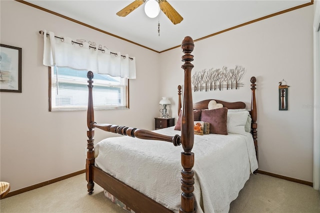 bedroom with light carpet, crown molding, baseboards, and ceiling fan