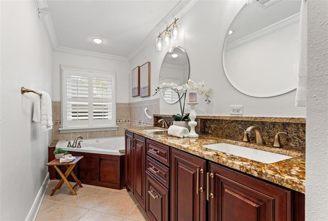 bathroom with crown molding, a sink, a bath, and double vanity