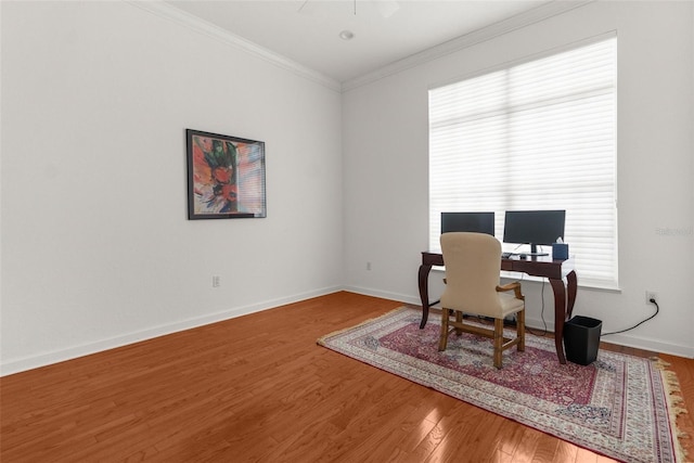 office featuring baseboards, wood finished floors, and crown molding