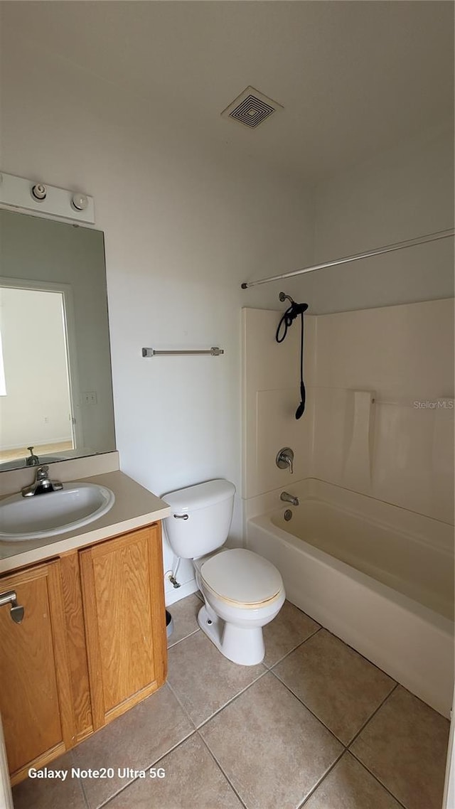 full bath featuring tile patterned flooring, toilet, shower / bath combination, vanity, and visible vents