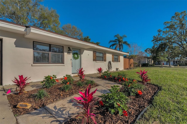 ranch-style home with stucco siding and a front yard