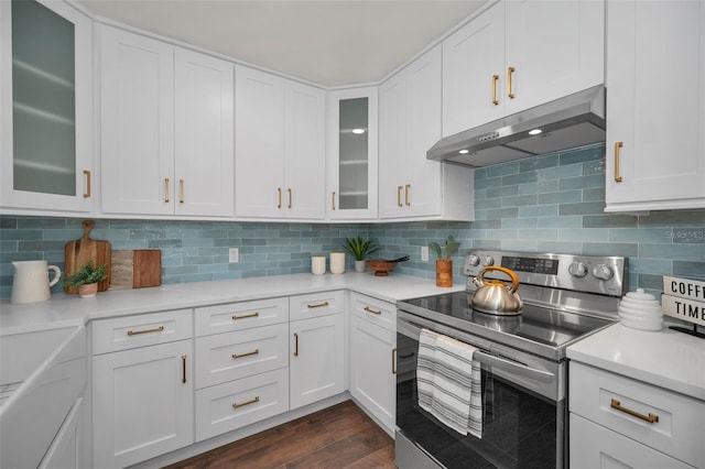 kitchen featuring dark wood-style floors, stainless steel electric range, light countertops, under cabinet range hood, and white cabinetry