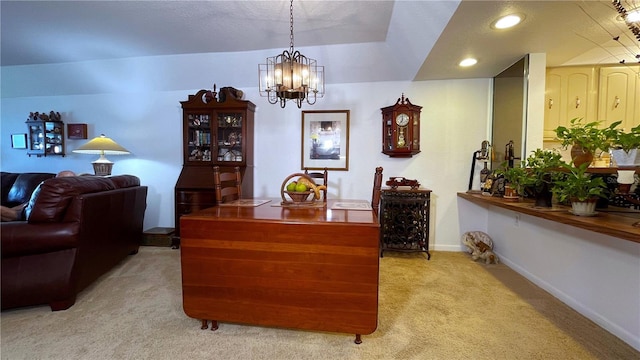 interior space featuring an inviting chandelier, recessed lighting, baseboards, and light colored carpet