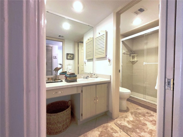 full bath featuring visible vents, toilet, a shower stall, vanity, and tile patterned flooring