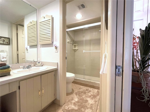 full bathroom with a stall shower, visible vents, toilet, tile patterned flooring, and vanity