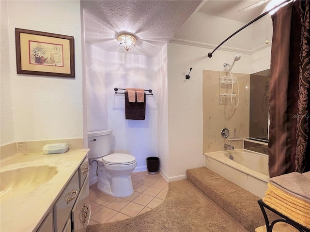 bathroom featuring shower / tub combo, toilet, tile patterned floors, a textured ceiling, and vanity