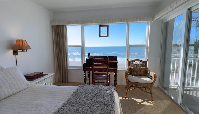 bedroom featuring a water view and light colored carpet