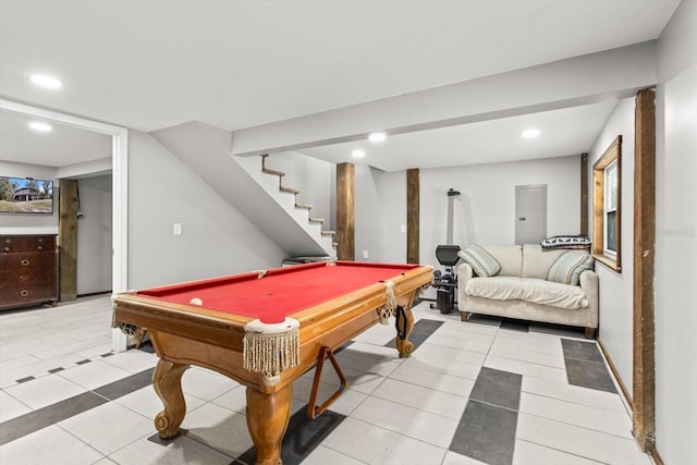 playroom with light tile patterned flooring, billiards, electric panel, and recessed lighting