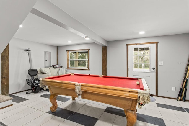 recreation room featuring baseboards, billiards, and recessed lighting