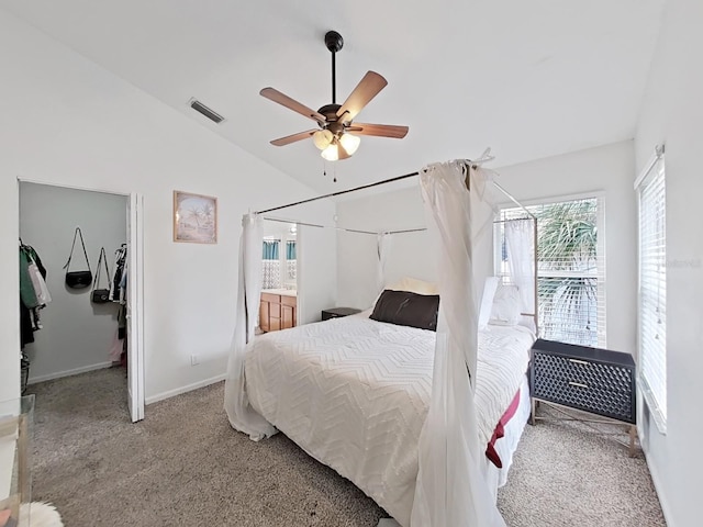 bedroom with light carpet, baseboards, visible vents, a ceiling fan, and vaulted ceiling