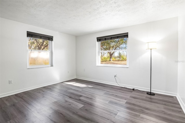 empty room featuring a textured ceiling, plenty of natural light, and dark wood finished floors