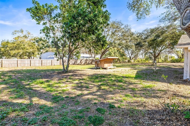 view of yard with a storage unit, an outdoor structure, and fence