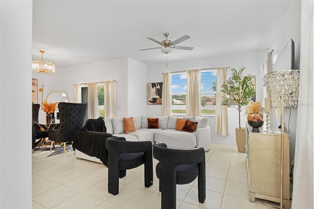 5994 Shiner St, Land O Lakes, FL 34638 - living area featuring light tile patterned floors and ceiling fan with notable chandelier