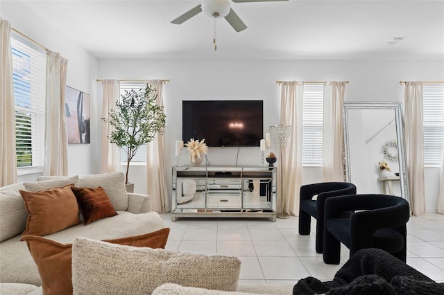5994 Shiner St, Land O Lakes, FL 34638 - living room with light tile patterned floors, plenty of natural light, visible vents, and ceiling fan