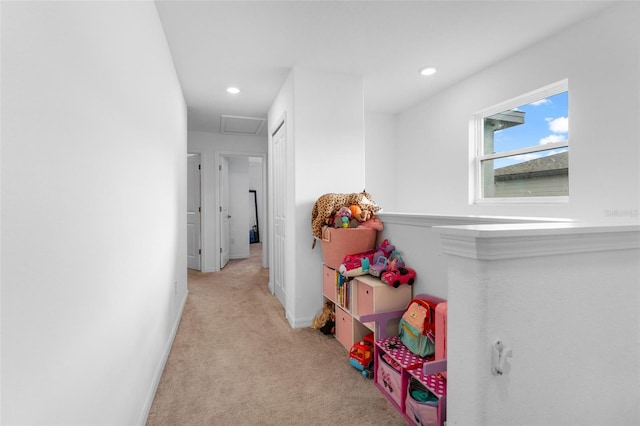 5994 Shiner St, Land O Lakes, FL 34638 - hallway featuring attic access, recessed lighting, light colored carpet, and baseboards