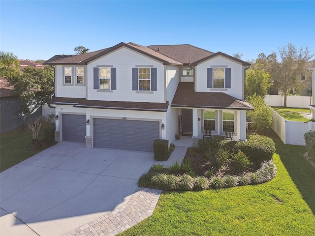 traditional home featuring driveway, a front lawn, an attached garage, and fence