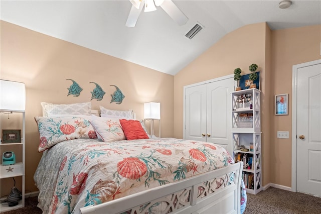 2824 Conch Hollow Dr, Brandon, FL 33511 - bedroom featuring lofted ceiling, ceiling fan, carpet flooring, visible vents, and a closet
