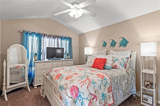 2824 Conch Hollow Dr, Brandon, FL 33511 - bedroom featuring a ceiling fan, lofted ceiling, and dark colored carpet