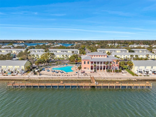 aerial view with a water view and a residential view