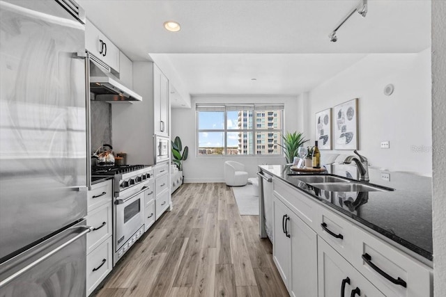 kitchen with light wood finished floors, appliances with stainless steel finishes, white cabinetry, a sink, and under cabinet range hood