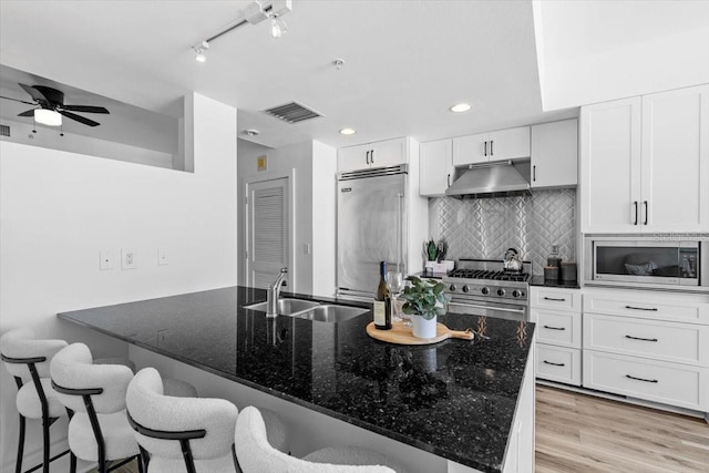 kitchen featuring dark stone counters, light wood-style flooring, built in appliances, under cabinet range hood, and a sink