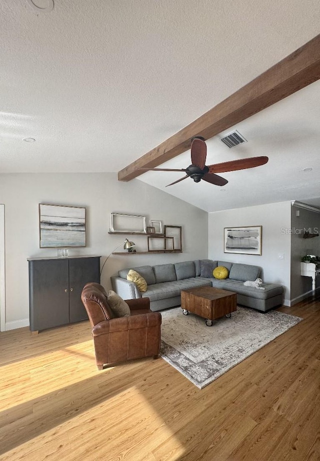 living area featuring lofted ceiling with beams, a textured ceiling, wood finished floors, and visible vents