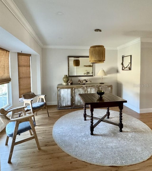 office space with ornamental molding, baseboards, and wood finished floors