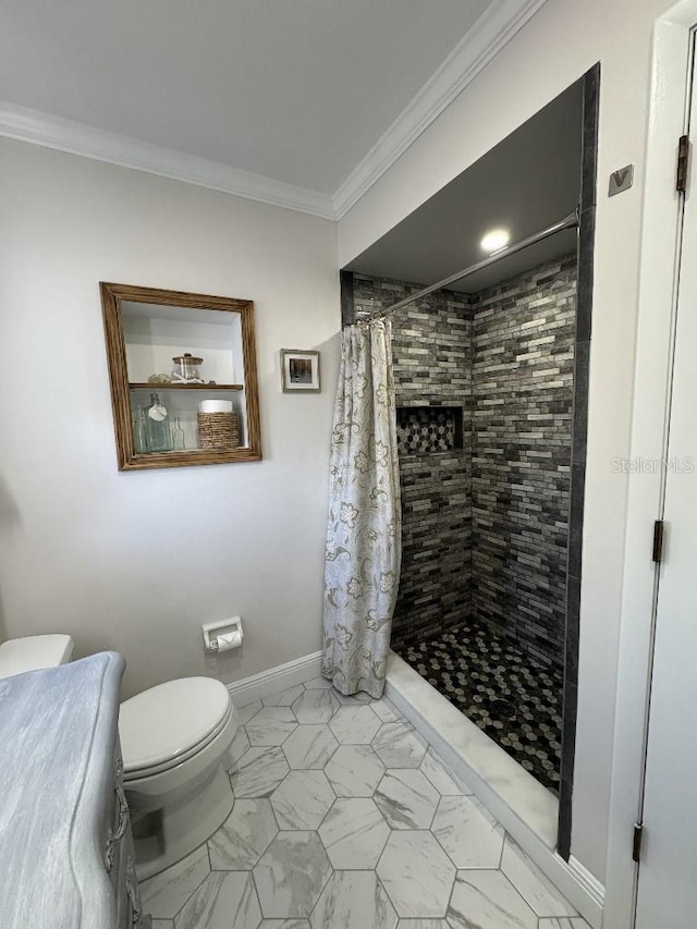 full bath featuring a stall shower, baseboards, toilet, marble finish floor, and crown molding