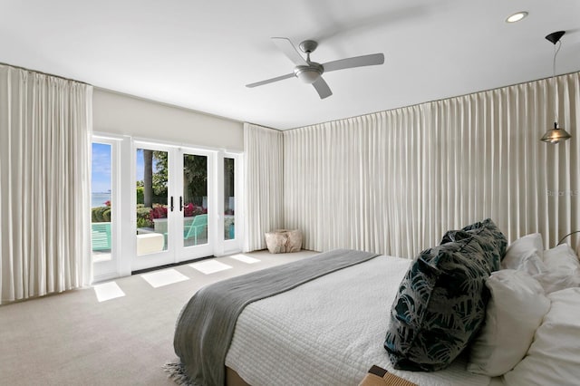 611 Brightwaters Blvd NE, Saint Petersburg, FL 33704 - carpeted bedroom featuring access to exterior, recessed lighting, a ceiling fan, and french doors