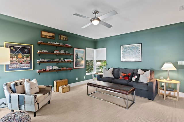 611 Brightwaters Blvd NE, Saint Petersburg, FL 33704 - carpeted living area featuring visible vents, ceiling fan, and baseboards