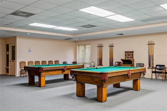 playroom featuring carpet, billiards, and visible vents