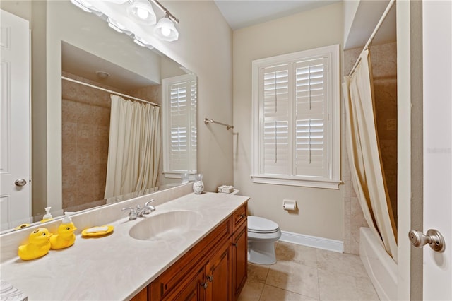 full bathroom with tile patterned flooring, toilet, vanity, baseboards, and shower / tub combo with curtain