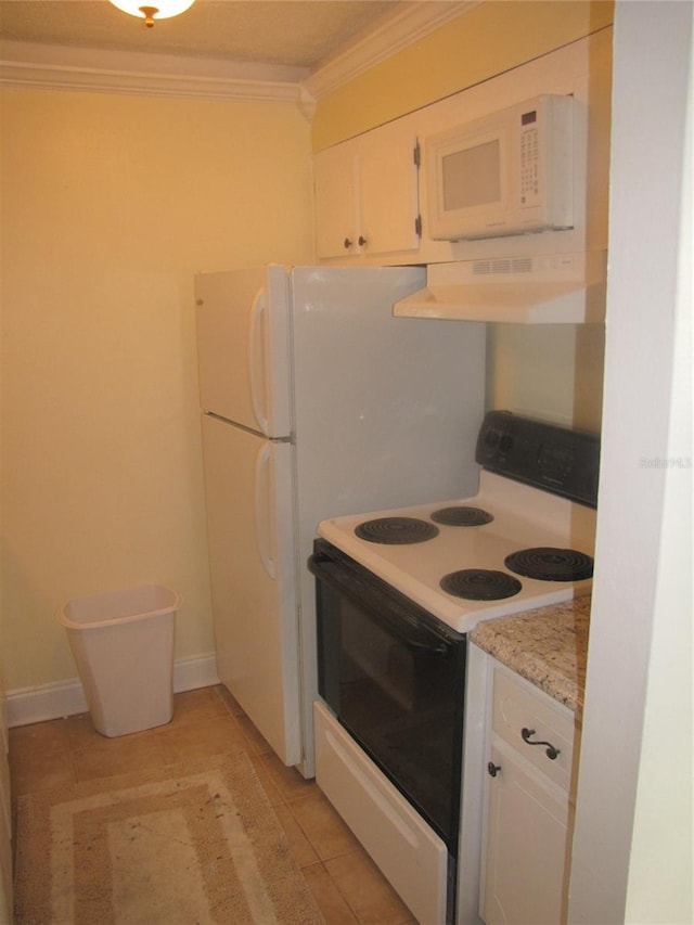 kitchen with electric stove, crown molding, white microwave, white cabinetry, and under cabinet range hood