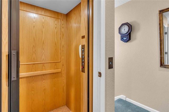 interior details featuring baseboards, a textured wall, carpet flooring, and elevator