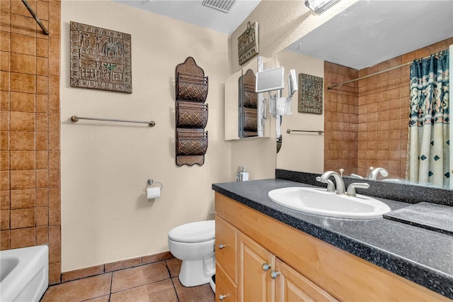 full bath featuring visible vents, toilet, tile patterned floors, shower / bath combination with curtain, and vanity