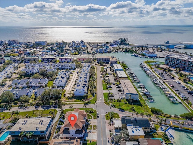 drone / aerial view with a water view