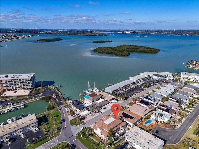 drone / aerial view featuring a water view