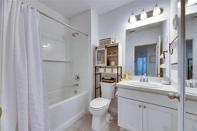 full bathroom with vanity, tile patterned flooring, toilet, and shower / bathtub combination with curtain