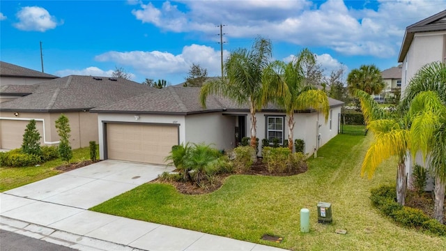 view of front of property with a garage, a front yard, concrete driveway, and stucco siding