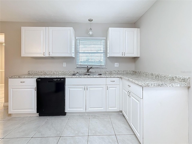 kitchen featuring hanging light fixtures, white cabinetry, a sink, light tile patterned flooring, and dishwasher