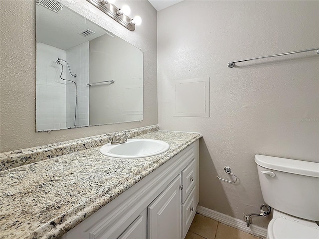 full bath featuring visible vents, vanity, toilet, and tile patterned floors