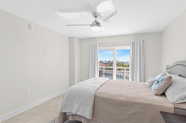 bedroom featuring access to outside, baseboards, and ceiling fan