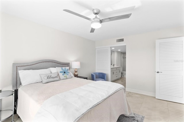 bedroom featuring ensuite bathroom, a ceiling fan, visible vents, and baseboards