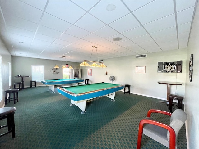 game room with carpet, a paneled ceiling, pool table, visible vents, and baseboards