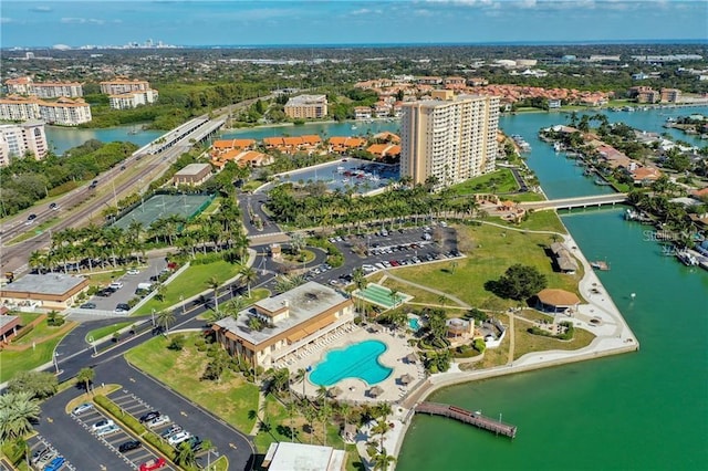 bird's eye view featuring a view of city and a water view