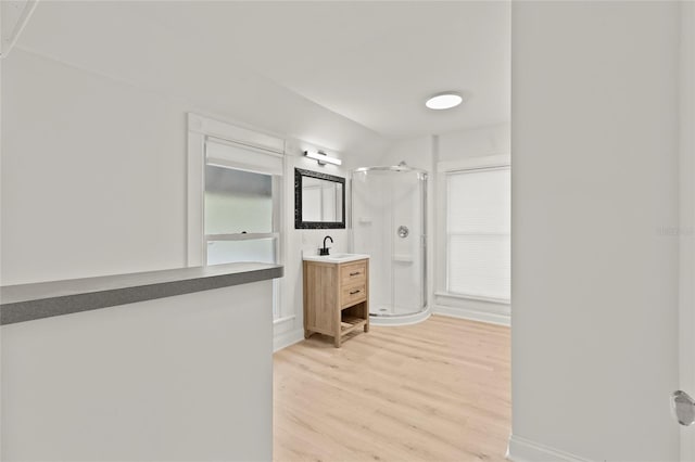 bathroom with a stall shower, wood finished floors, and vanity