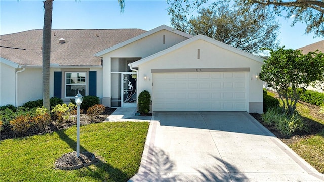 ranch-style house with concrete driveway, a front lawn, an attached garage, and stucco siding