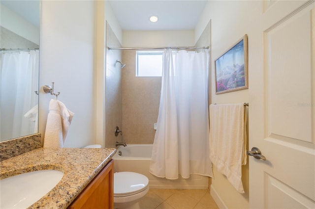 full bath featuring shower / bath combination with curtain, vanity, toilet, and tile patterned floors